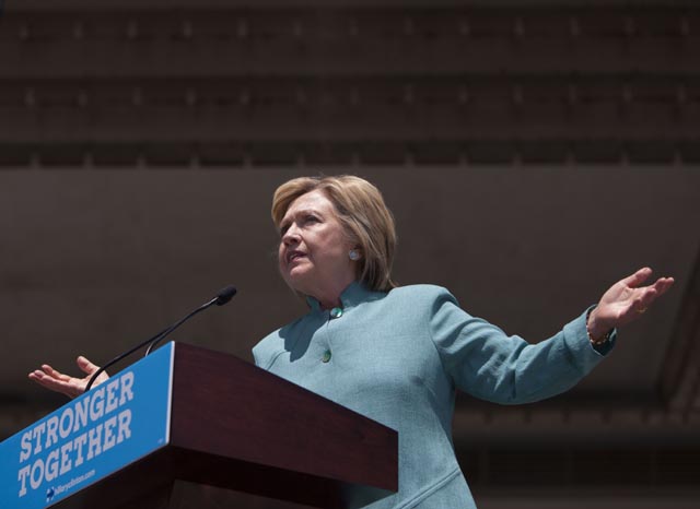 Presumptive Democratic presidential nominee Hillary Clinton speaks at a rally on the boardwalk on July 6, 2016 in Atlantic City, New Jersey. Clinton addressed presumptive Republican presidential nominee Donald Trump's business record. Jessica Kourkounis/Getty Images/AFP