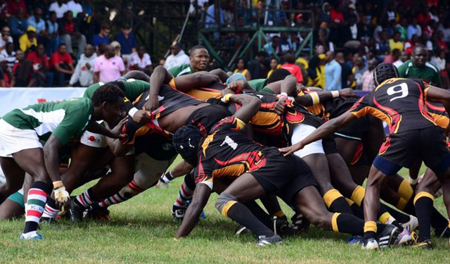 Kenya Simbas and Rugby Cranes during a scrum Saturday evening at RFUEA grounds in Nairobi. Photo via @ntvuganda